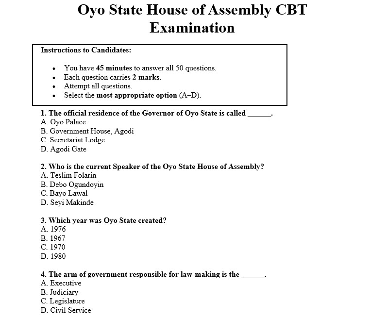 Oyo State House of Assembly Past Questions and Answers